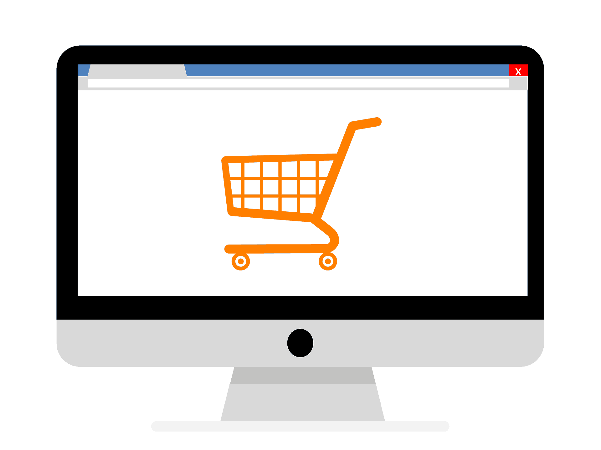 Illustration of a desktop computer displaying an orange shopping cart icon, representing Amazon e-commerce and online selling