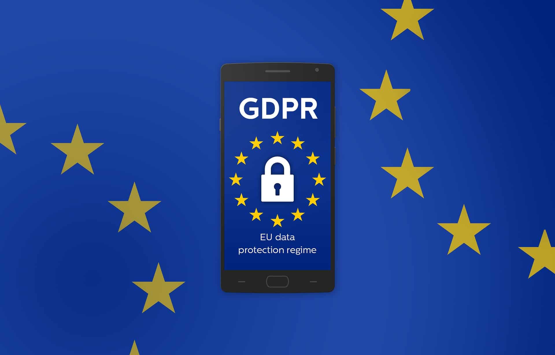 Smartphone displaying GDPR EU data protection regime text with a padlock icon against a blue EU flag background
