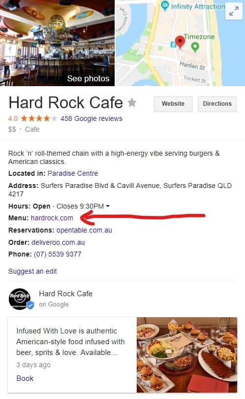 Google My Business listing for Hard Rock Cafe showing reviews, map, hours and a red arrow highlighting the menu link