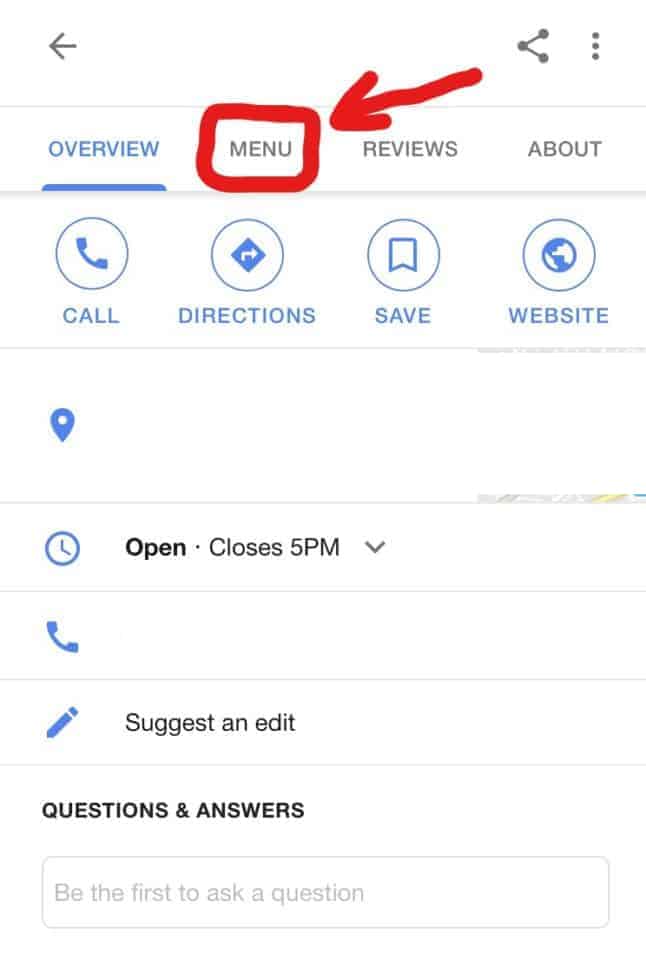 Google My Business mobile listing with the Menu tab highlighted by a red arrow, showing the new menu feature
