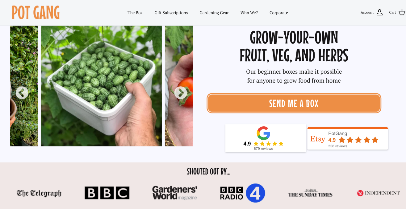Pot Gang homepage showing grow-your-own fruit, veg and herb subscription boxes with press logos
