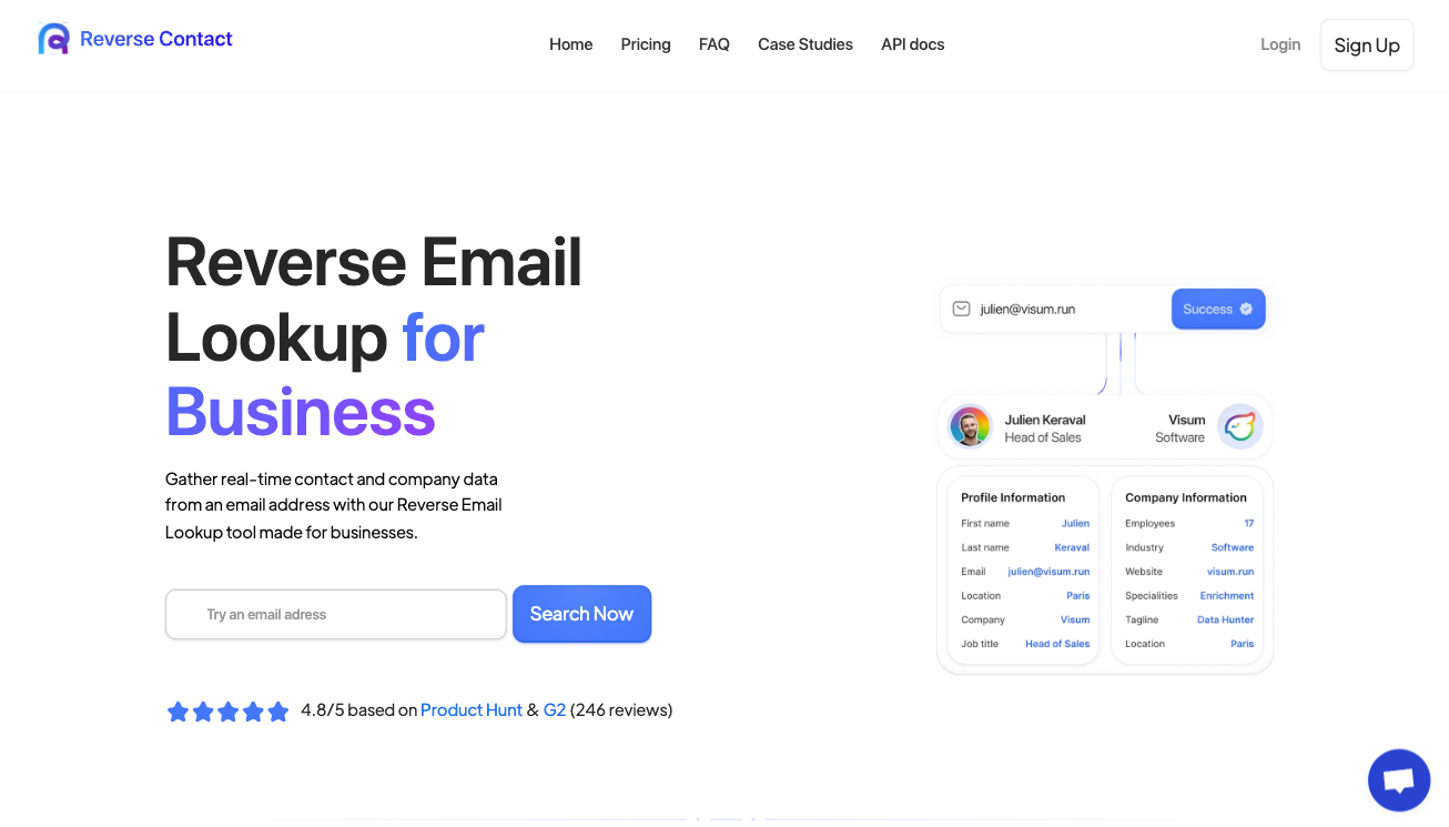 Reverse Contact homepage showing reverse email lookup tool that returns contact and company profile data