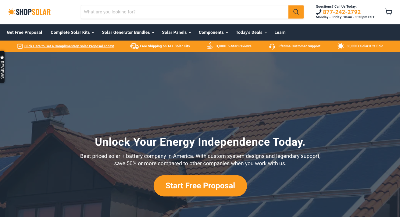ShopSolarKits.com homepage hero section with headline Unlock Your Energy Independence Today and solar panels backdrop