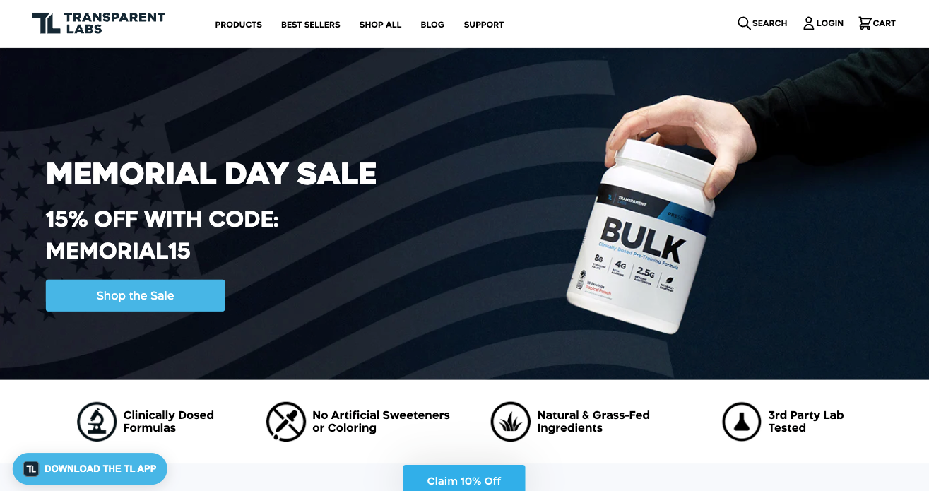 Transparent Labs website homepage showing a Memorial Day sale promotion for bulk supplements