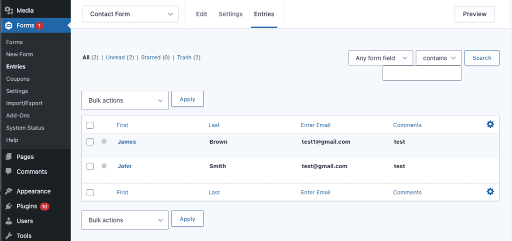 Gravity Forms entries screen in WordPress showing two spam test submissions from James Brown and John Smith