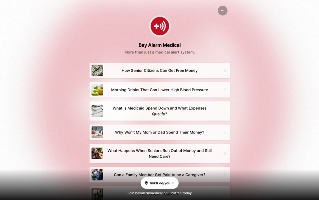 Bay Alarm Medical app interface showing a list of senior health and care articles on a tablet screen