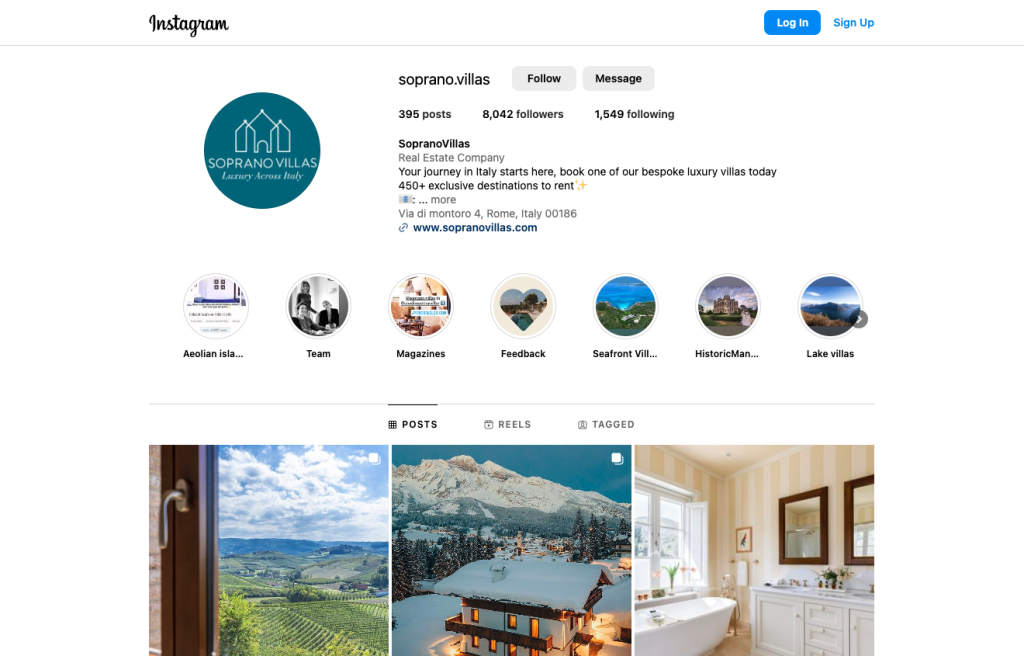 Soprano Villas Instagram profile page showing luxury villa rental listings and follower count