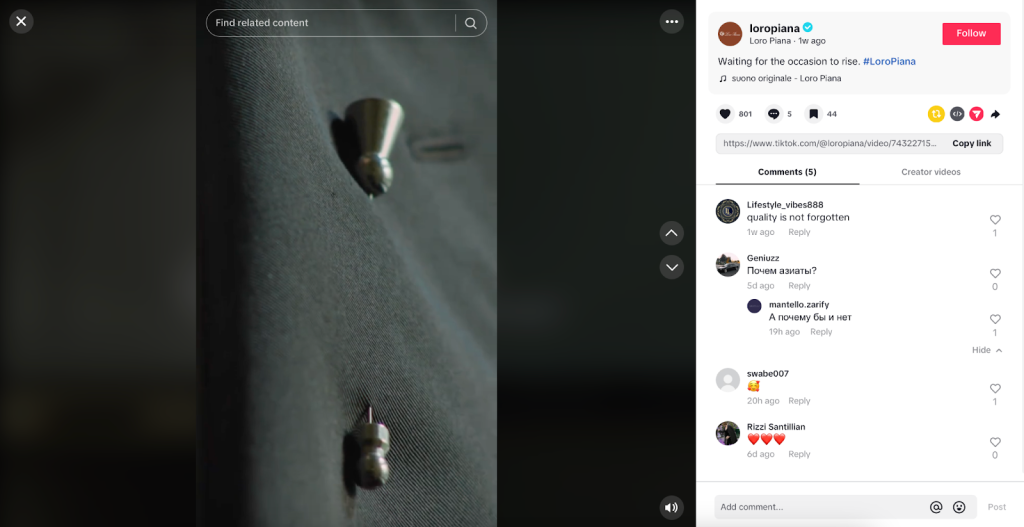 Loro Piana TikTok video post showing close-up of a luxury fabric with user comments below