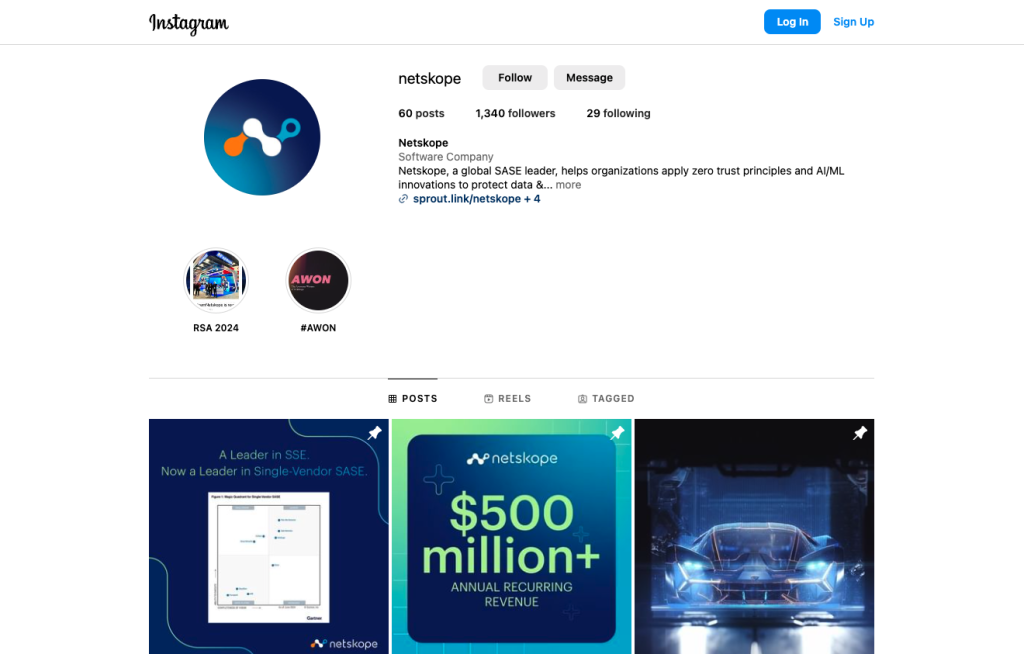 Netskope Instagram profile page showing software company posts about SASE leadership and revenue milestones