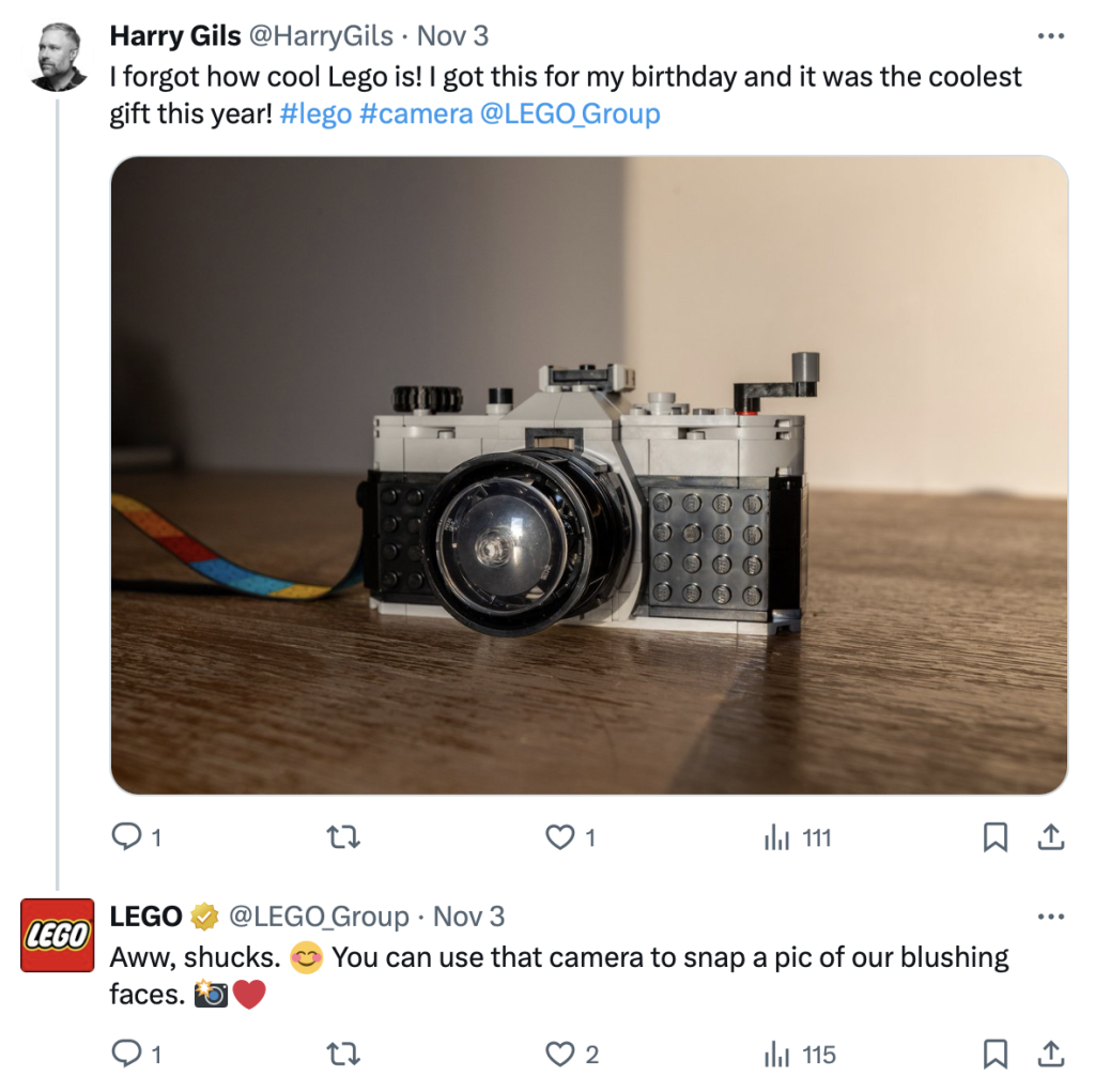LEGO Twitter exchange showing a user praising a LEGO camera gift and the brand replying with warmth
