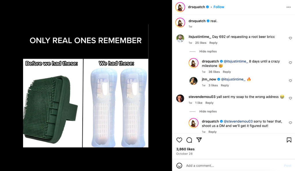 Dr Squatch Instagram post comparing old and new soap scrubbers with the caption Only Real Ones Remember